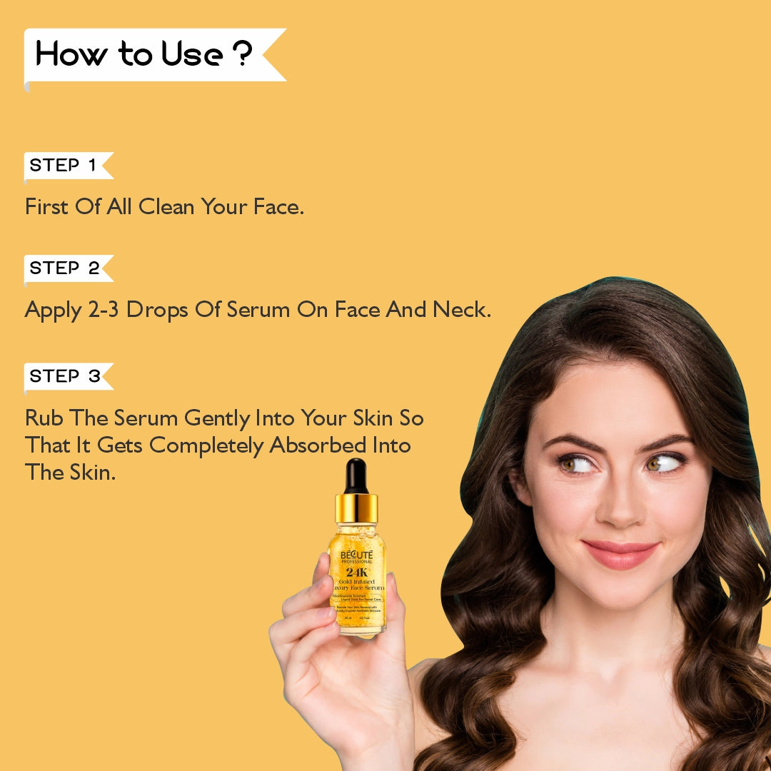 BECUTE Professional® 24K Gold Serum With Hyaluronic Acid, Vitamin C And Jojoba Oil - 30 mL