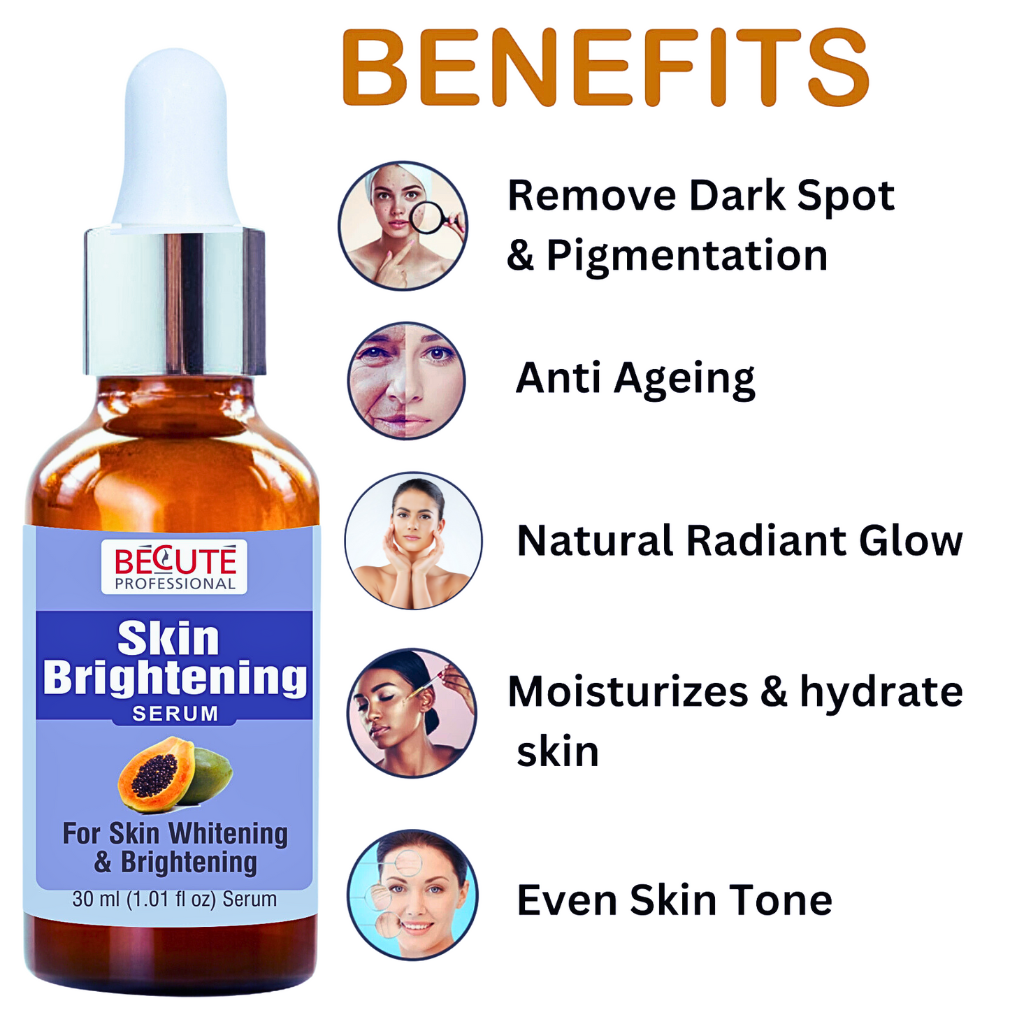 BECUTE Professional® Skin Brightening Serum with Papaya Extract for Dark Spots & Pigmentation - Pack of 2 Pcs, 60 mL