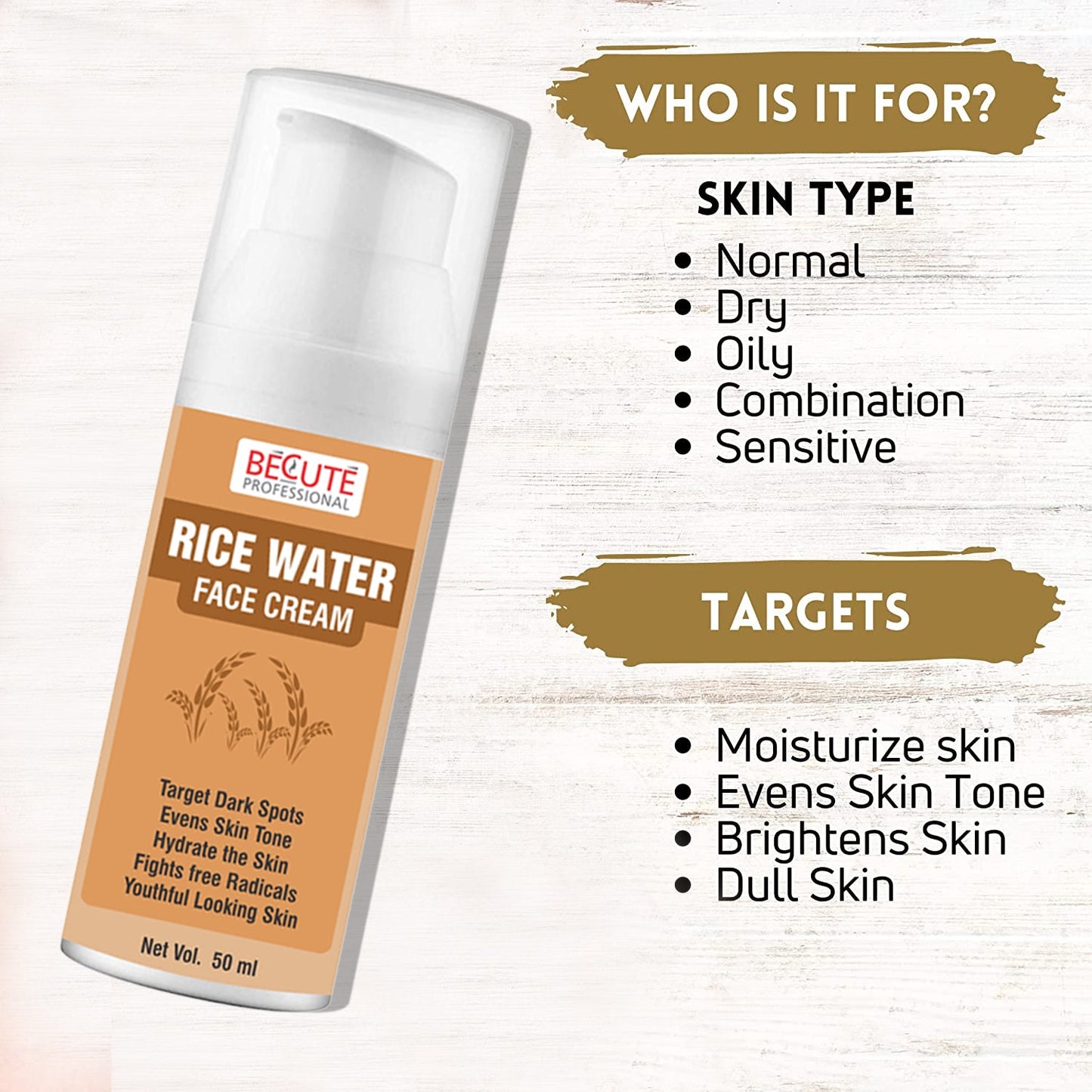 BECUTE Professional® Rice Water Face Cream for Target Dark Spots & Evens Skin Tone - Pack of 2 Pcs, 100 mL