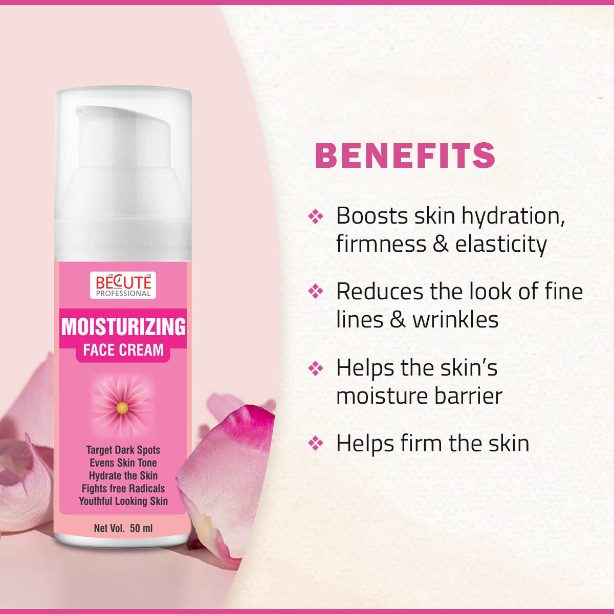 BECUTE Professional® Moisturizing Face Cream with Rose Extracts for Dry Skin, Reduce Lines & Wrinkles 50 mL