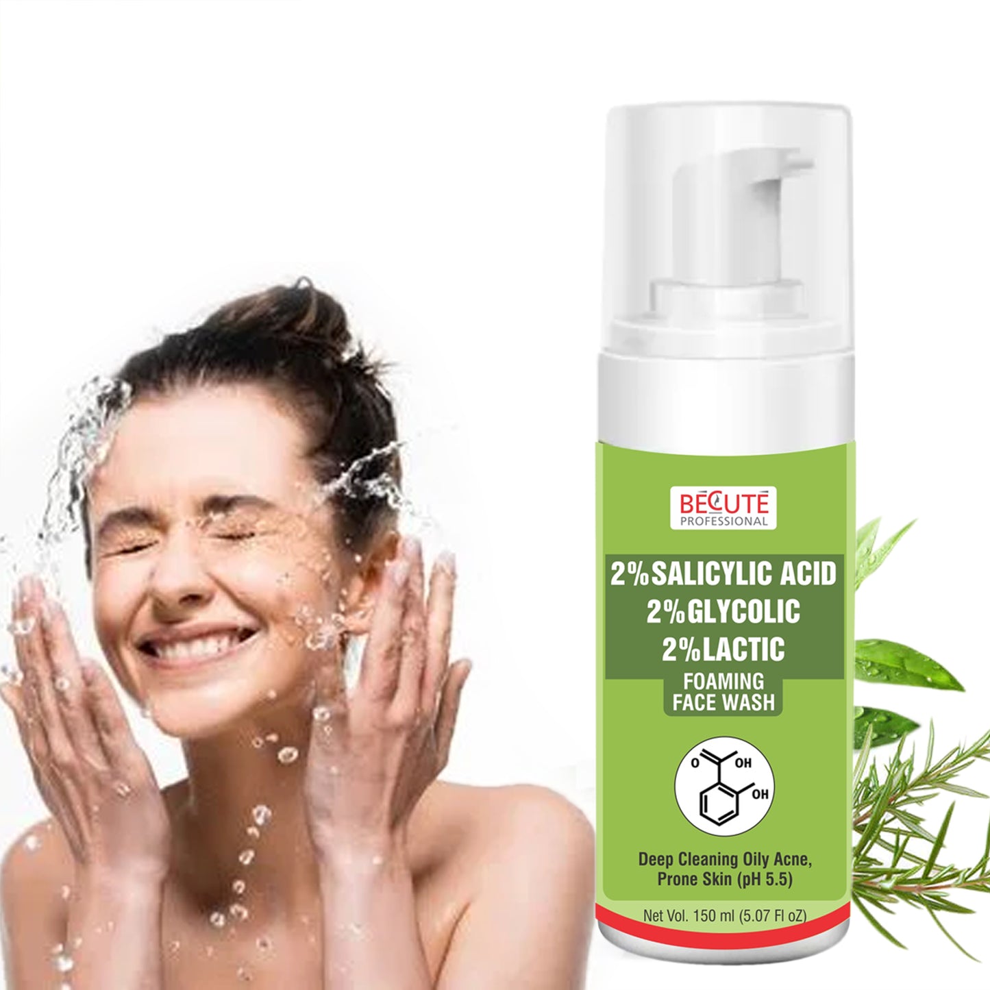 BECUTE Professional® 2% Salicylic Acid Foaming Face Wash for Deep Cleansing Oily Acne, Prone Skin 150 mL
