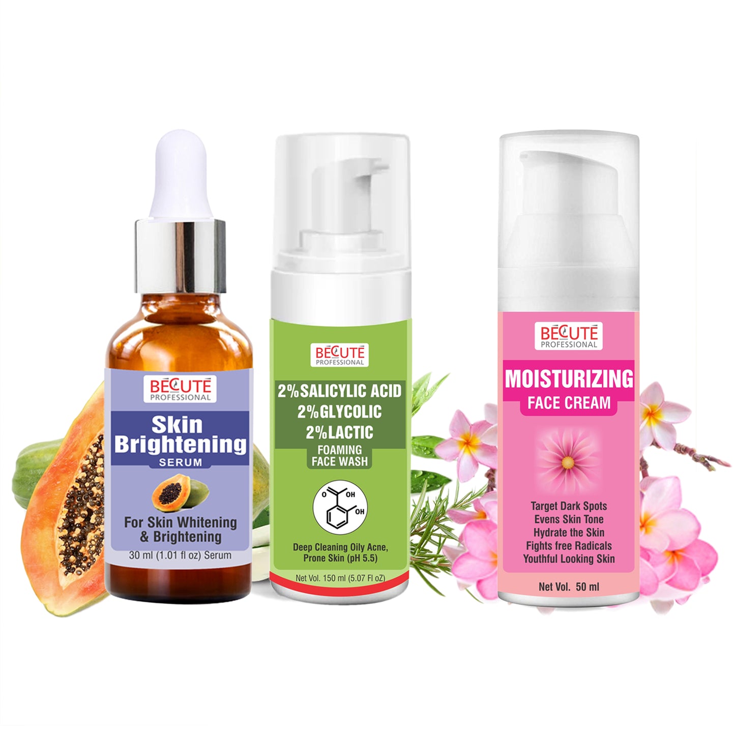 BECUTE Professional® Skin Brightening Serum+2% Salicylic Acid Foaming Face Wash+Moisturising Face Cream - Combo Pack, 230 mL