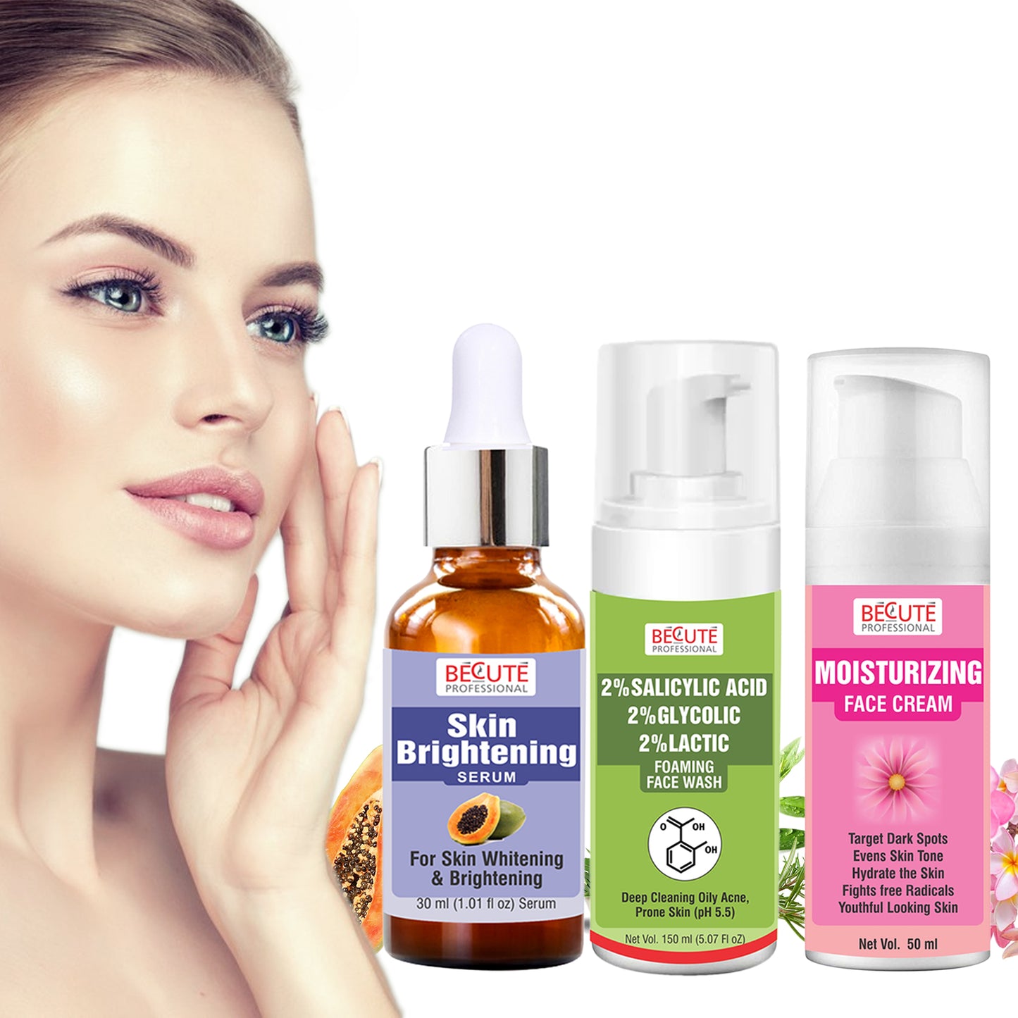 BECUTE Professional® Skin Brightening Serum+2% Salicylic Acid Foaming Face Wash+Moisturising Face Cream - Combo Pack, 230 mL