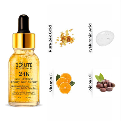 BECUTE Professional® 24K Gold Serum With Hyaluronic Acid, Vitamin C And Jojoba Oil - 30 mL