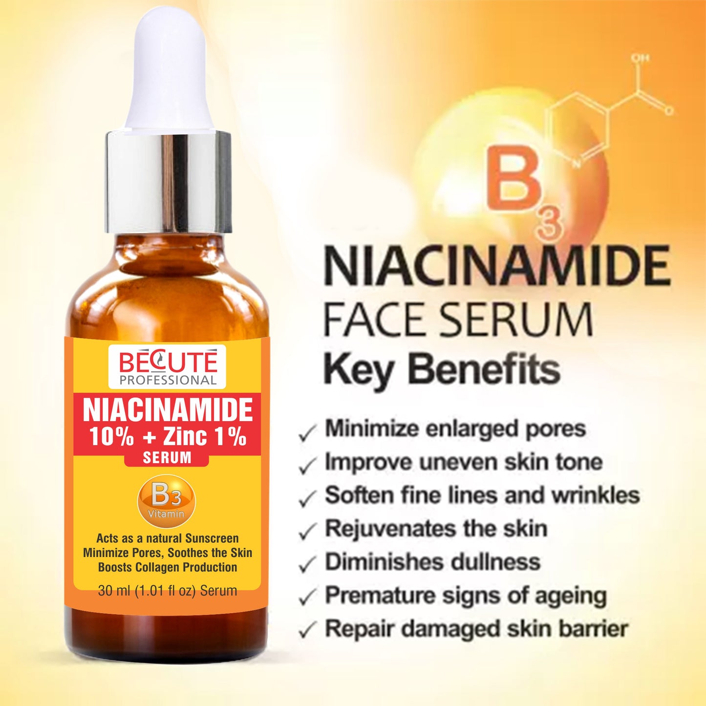 BECUTE Professional®10% Niacinamide with Zinc Face Serum for Acne Marks & Reduce Hyperpigmentation 30 mL
