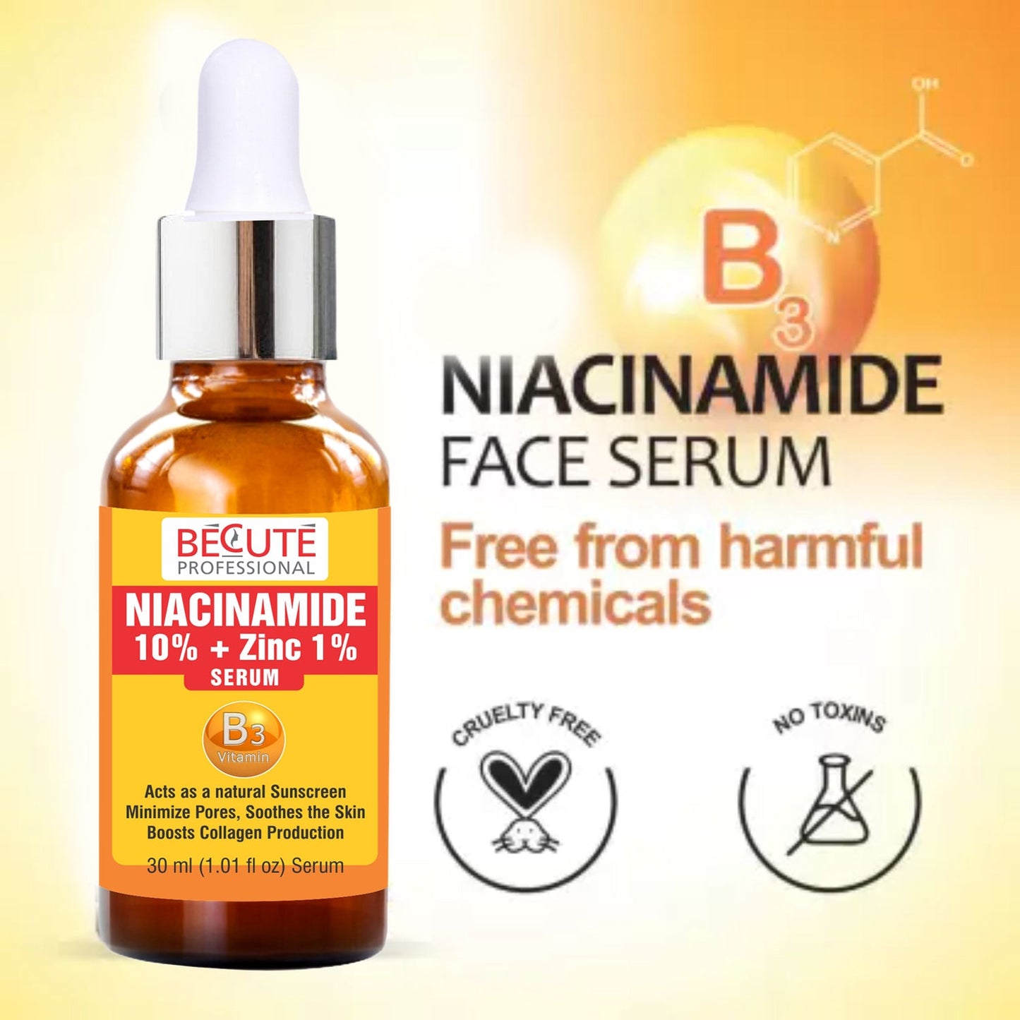 BECUTE Professional® 10% Niacinamide with Zinc Face Serum for Acne Marks & Reduce Hyperpigmentation - Pack of 2 Pcs, 60 mL