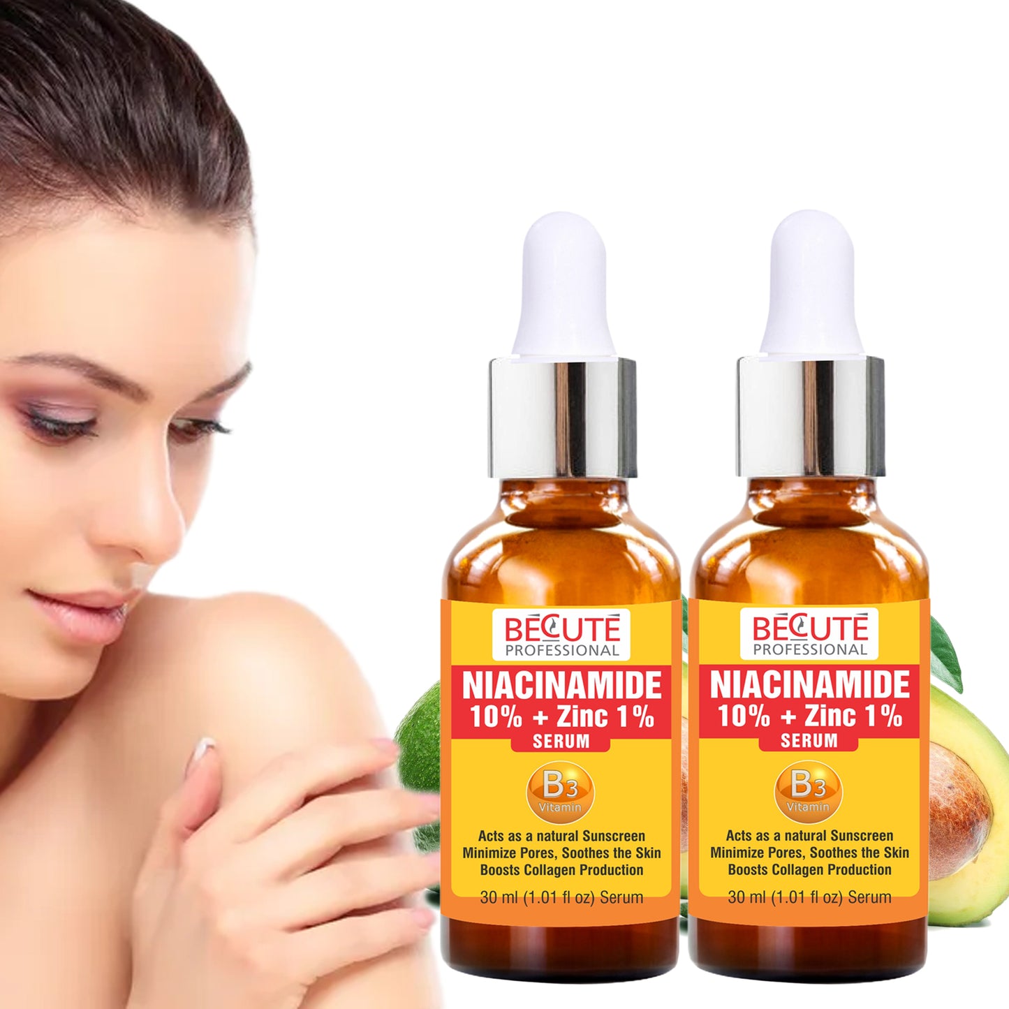 BECUTE Professional® 10% Niacinamide with Zinc Face Serum for Acne Marks & Reduce Hyperpigmentation - Pack of 2 Pcs, 60 mL