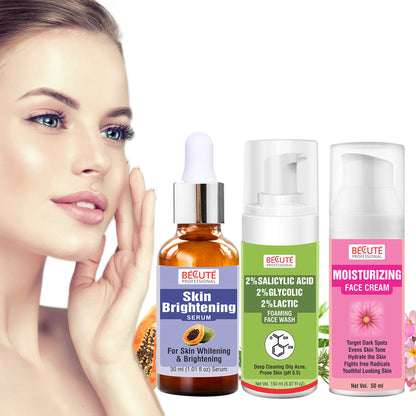 BECUTE Professional® Skin Brightening Serum+2% Salicylic Acid Foaming Face Wash+Moisturising Face Cream - Combo Pack, 230 mL