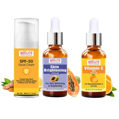 BECUTE Professional® SPF 50 Facial Cream+Skin Brightening Serum+Vitamin C Face Serum - Combo Pack, 110 mL