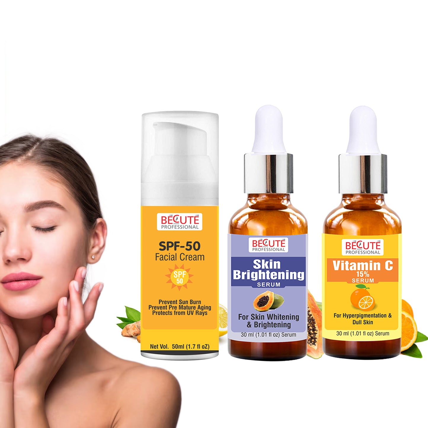 BECUTE Professional® SPF 50 Facial Cream+Skin Brightening Serum+Vitamin C Face Serum - Combo Pack, 110 mL